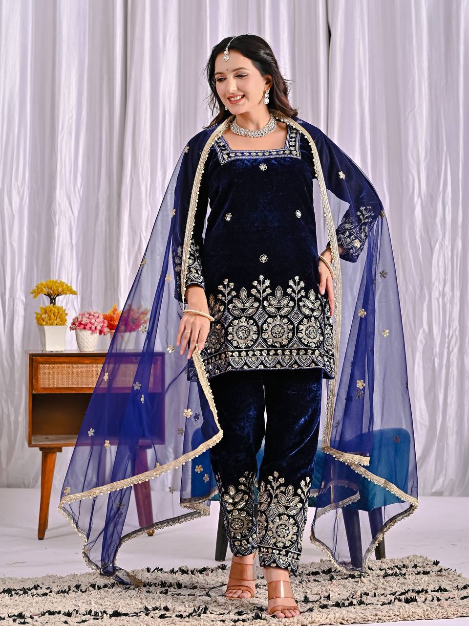 Premium Heavy Velvet Embroidered Suit with Pant & Net Dupatta | Party & Wedding Wear