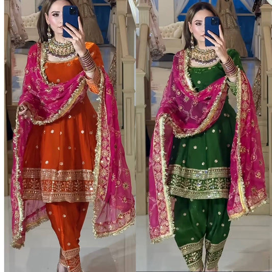 Designer Fandy Silk Embroidered Farshi Salwar Suit with Heavy Dupatta – Premium Party Wear