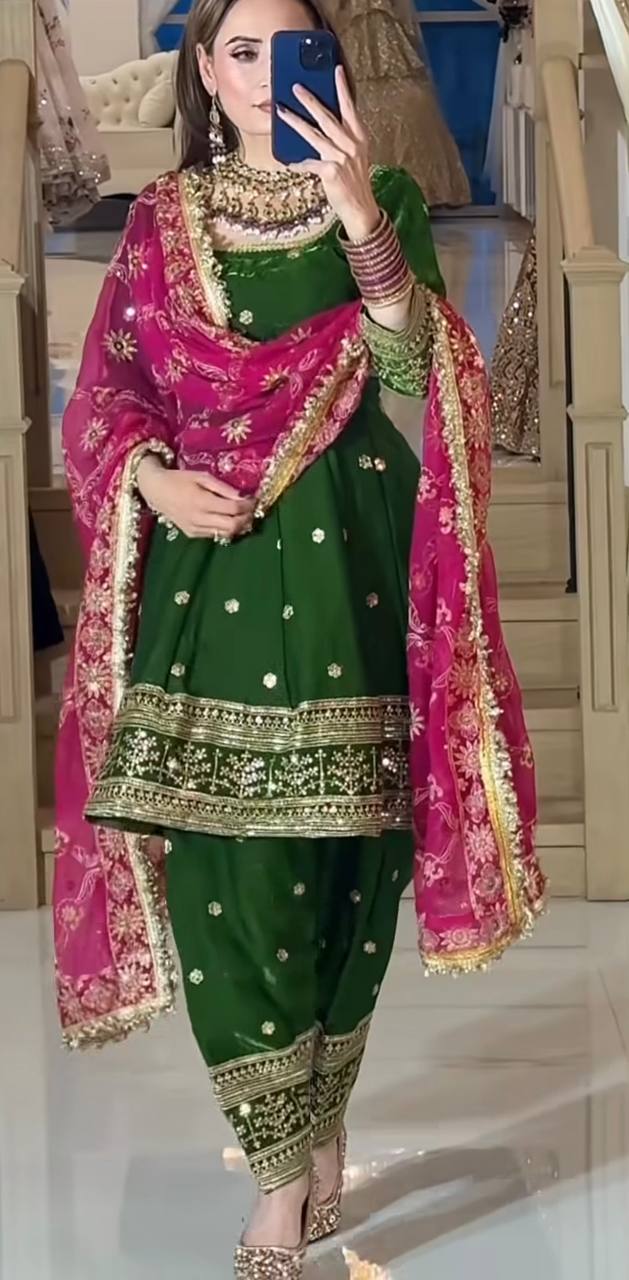 Designer Fandy Silk Embroidered Farshi Salwar Suit with Heavy Dupatta – Premium Party Wear