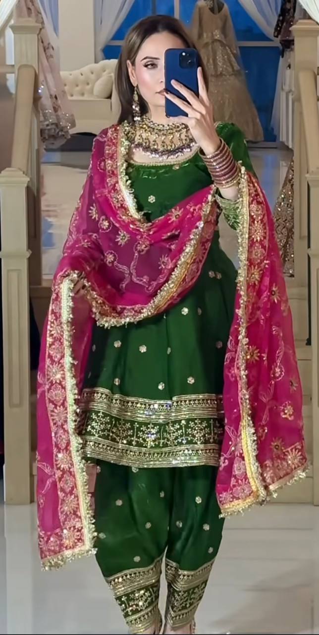 Designer Fandy Silk Embroidered Farshi Salwar Suit with Heavy Dupatta – Premium Party Wear