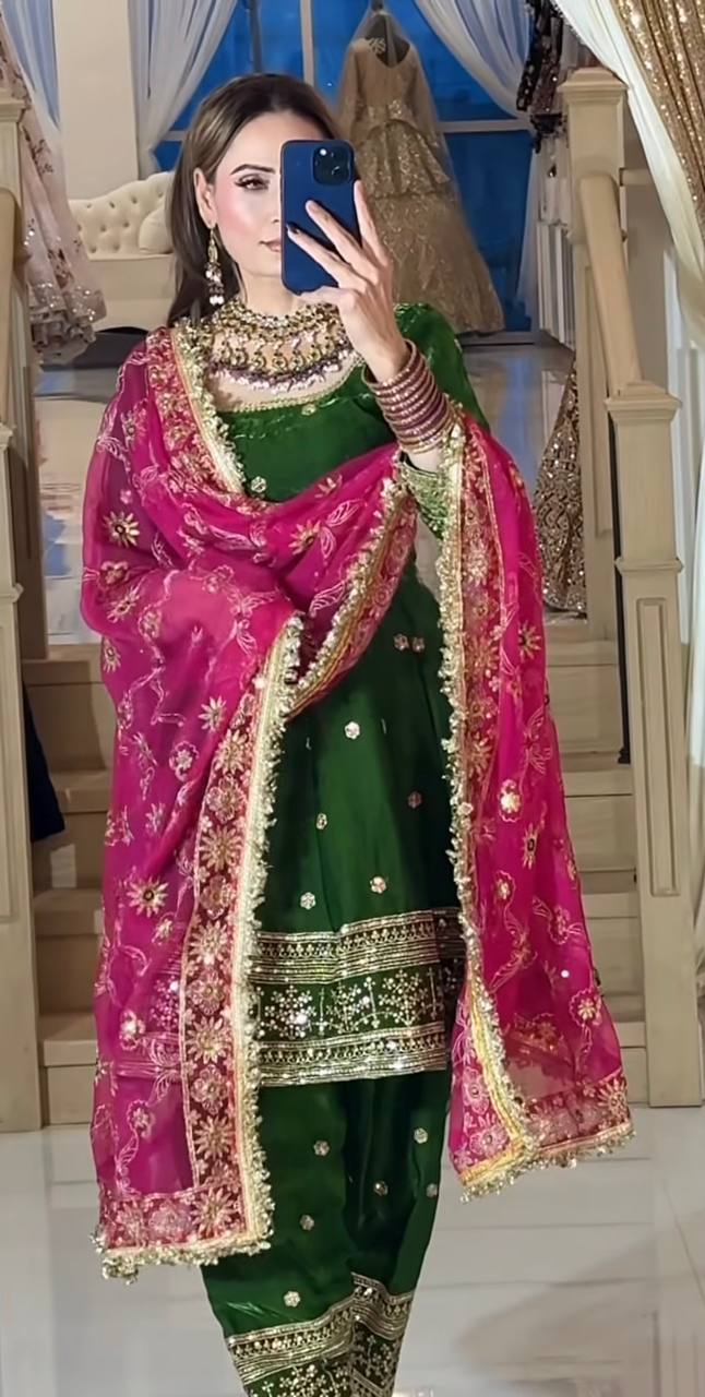 Designer Fandy Silk Embroidered Farshi Salwar Suit with Heavy Dupatta – Premium Party Wear