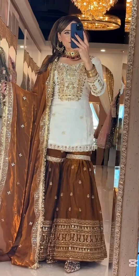 Premium Natural Crepe Silk Embroidered Sharara Plazo Set With Dupatta – Fully Stitched