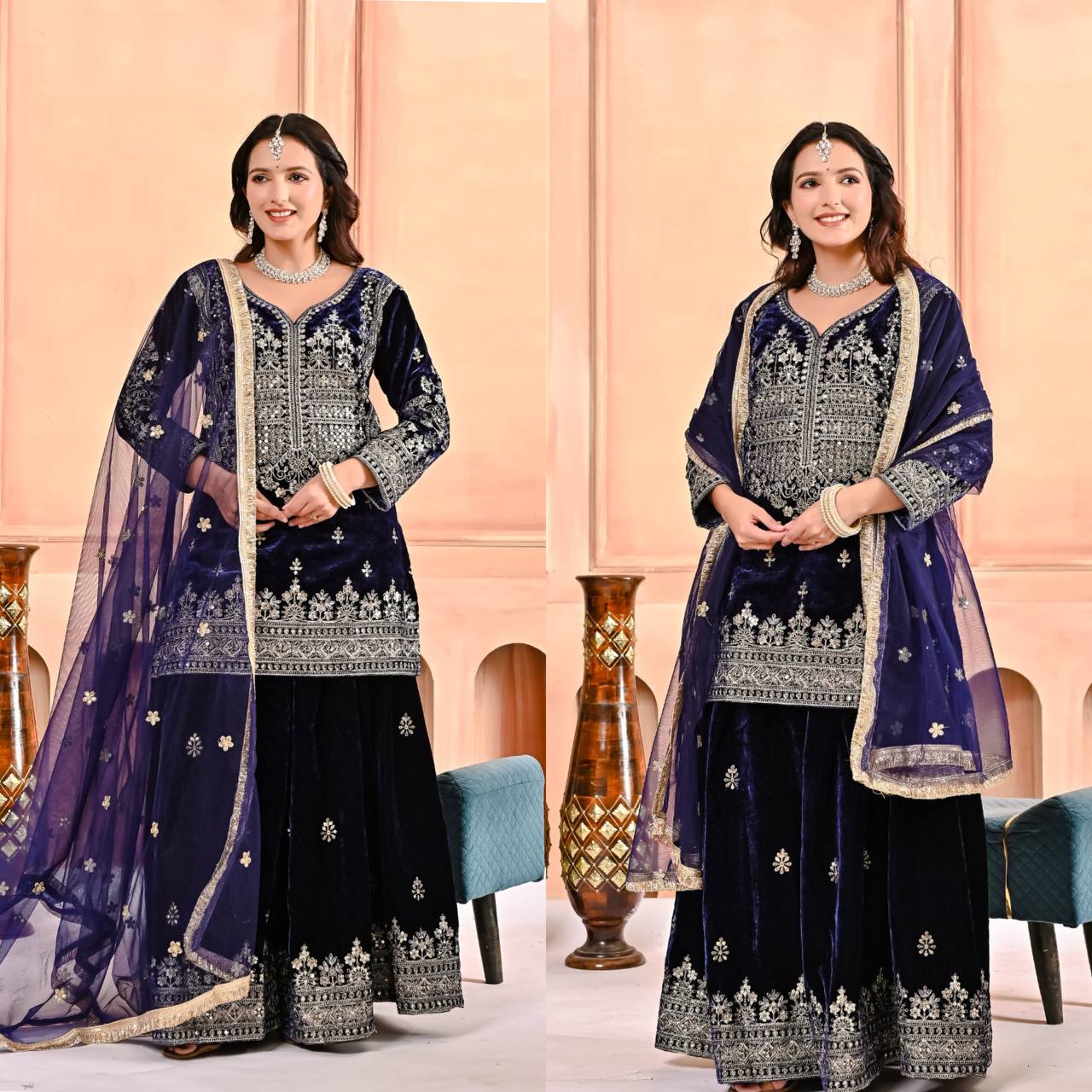 Premium Velvet Embroidered Sharara Suit with Butterfly Net Dupatta | Party & Wedding Wear