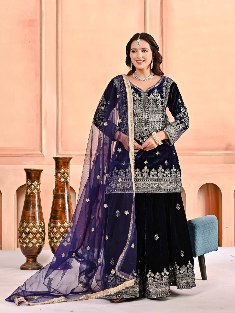Premium Velvet Embroidered Sharara Suit with Butterfly Net Dupatta | Party & Wedding Wear