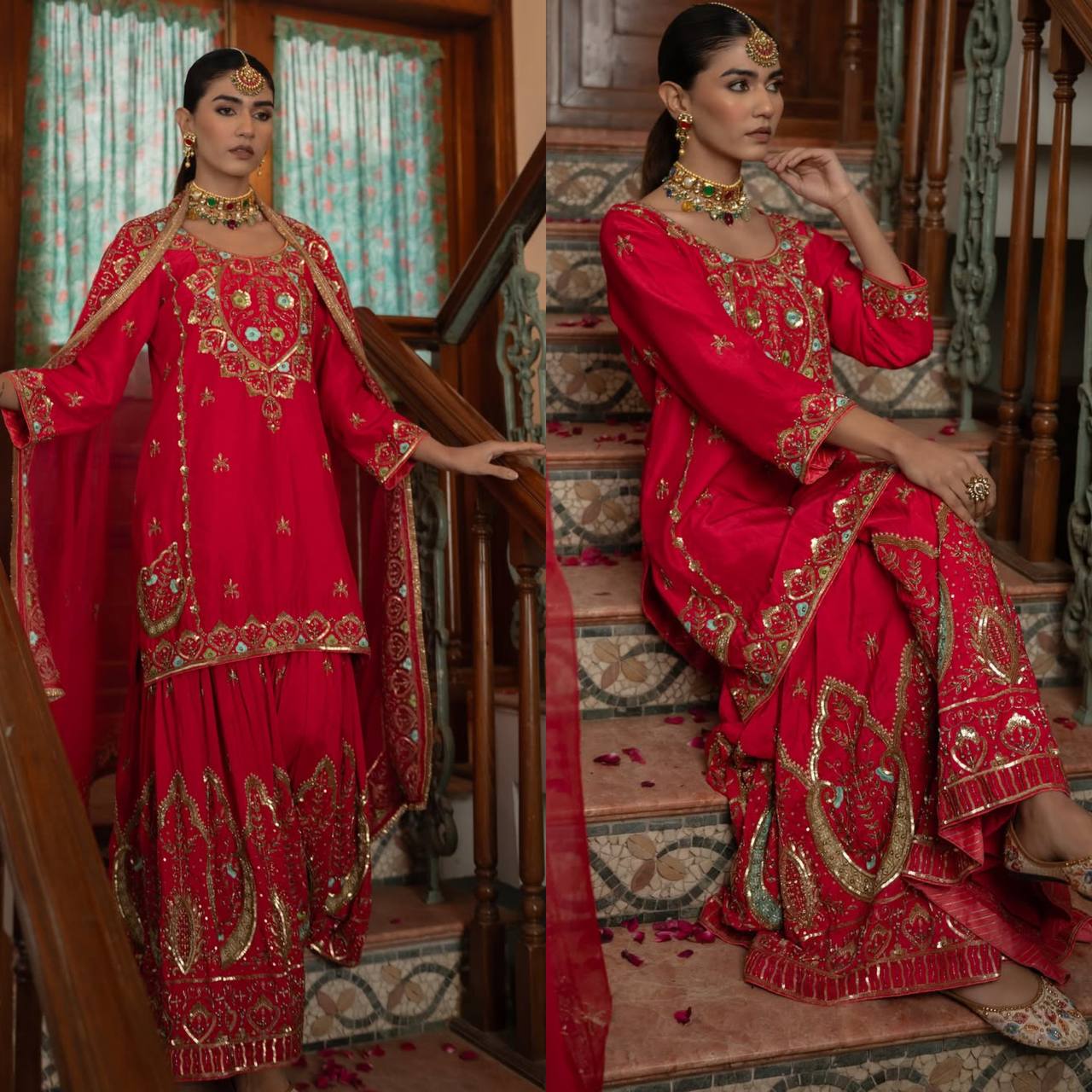 Designer Party Wear Chinon Silk Kurti with Sharara Palazzo & Dupatta – Heavy Embroidery Work Set