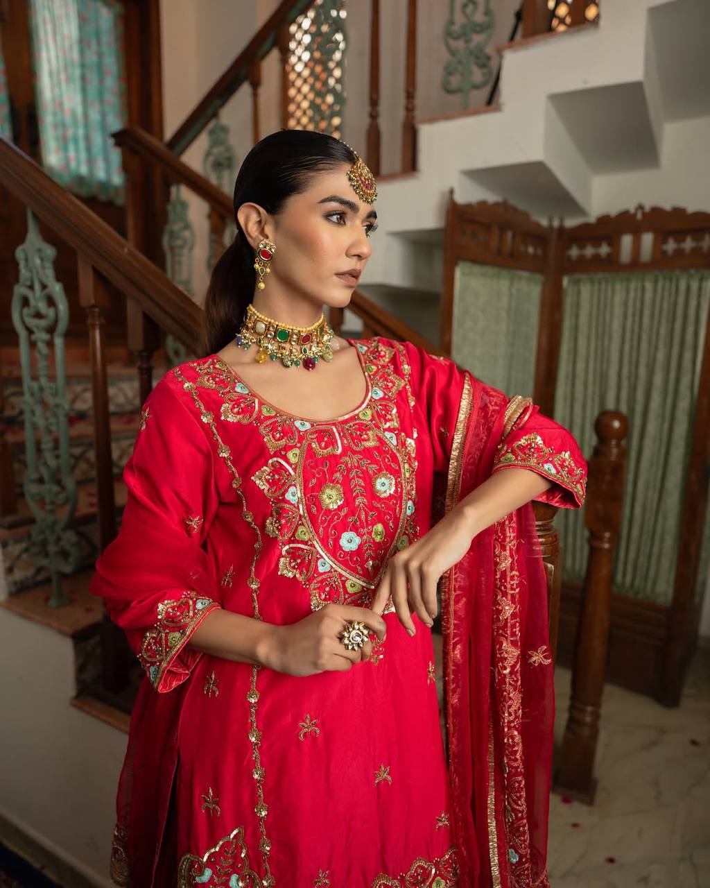Designer Party Wear Chinon Silk Kurti with Sharara Palazzo & Dupatta – Heavy Embroidery Work Set