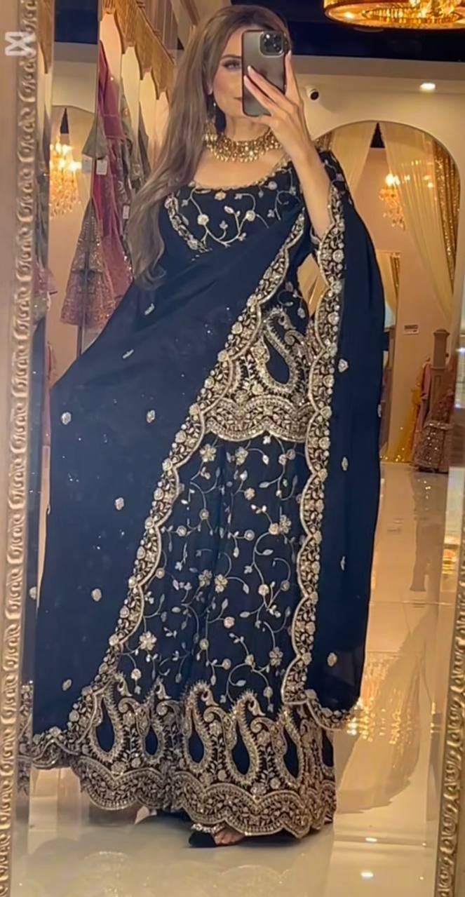 Premium Black Chinnon Silk Sharara Set with Heavy Sequence Embroidery & Dupatta