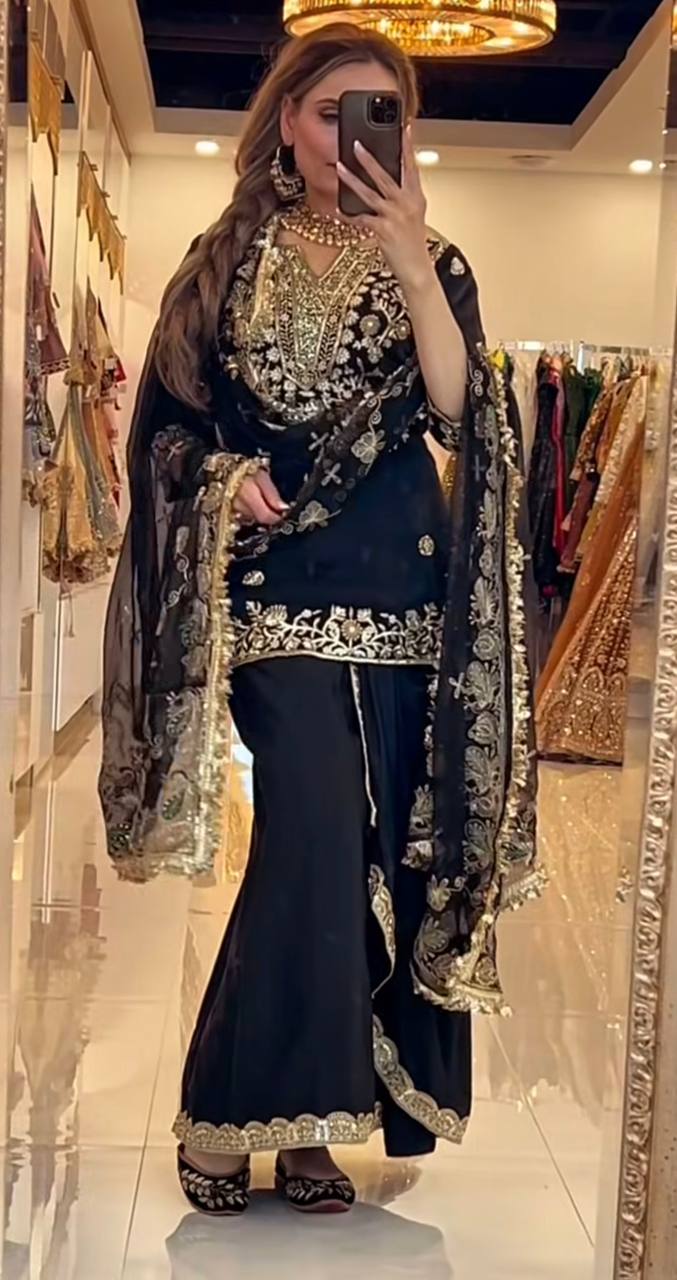 Designer Black Embroidered Farshi Salwar Suit with Heavy Dupatta – Premium Party Wear
