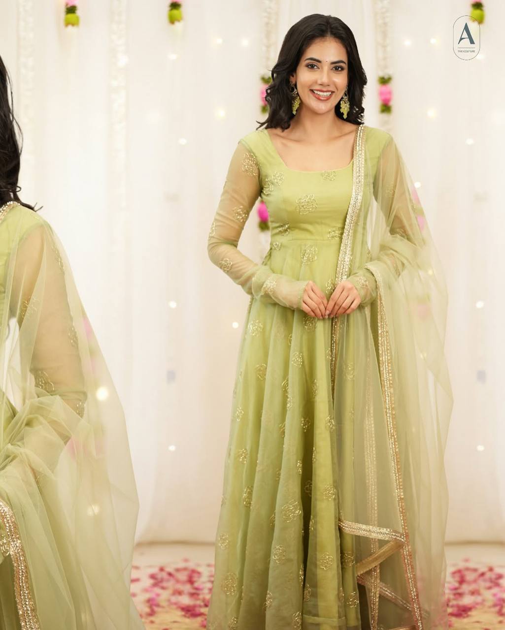 Elegant Pastel Green Embroidered Anarkali Suit With Net Dupatta – Festive & Wedding Wear