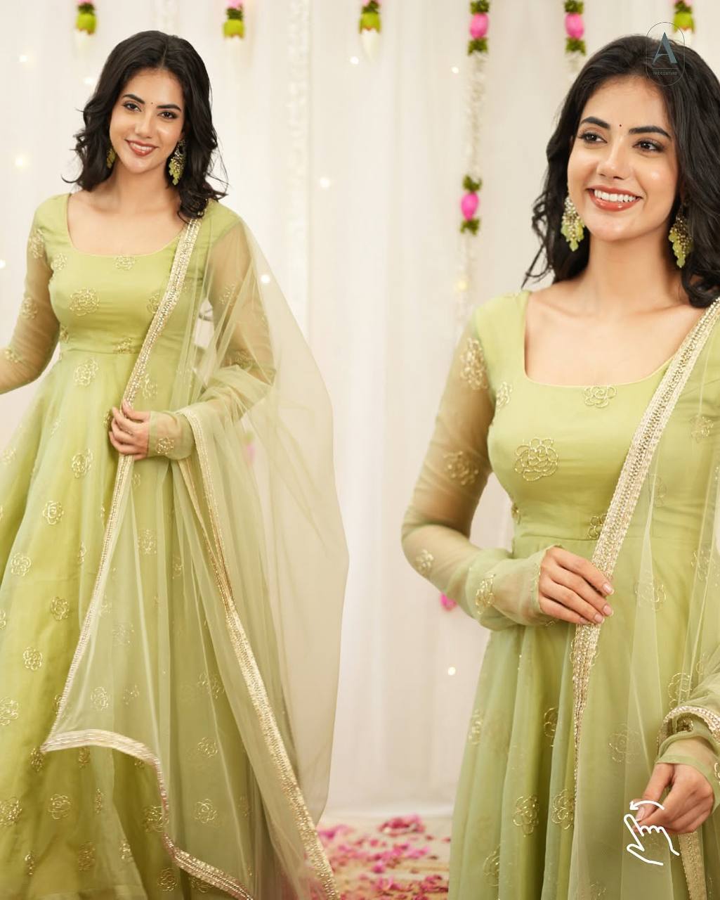 Elegant Pastel Green Embroidered Anarkali Suit With Net Dupatta – Festive & Wedding Wear