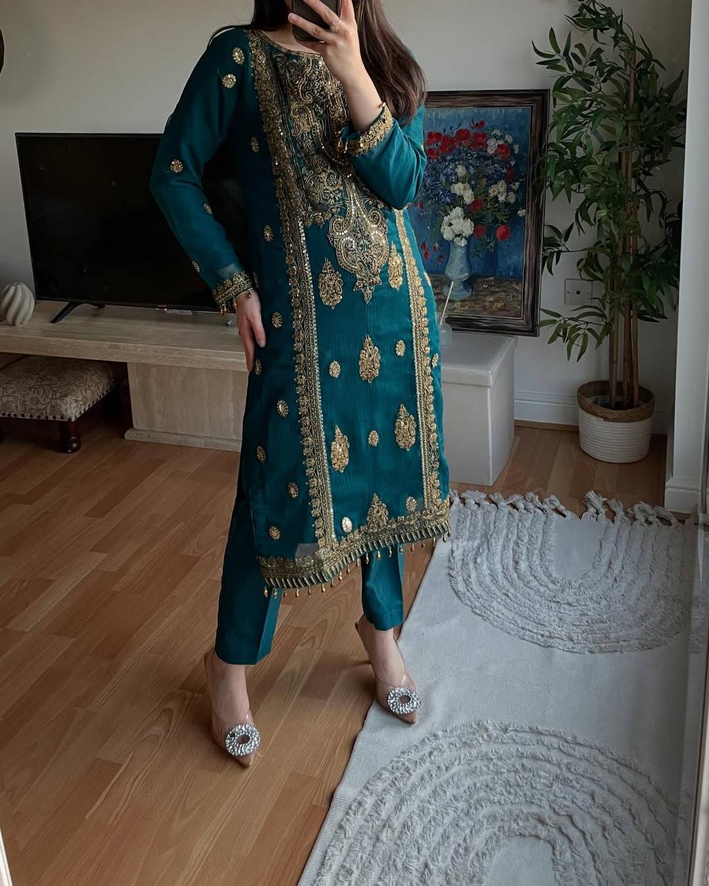 Designer Party Wear Pure Chinnon Silk Kurti Pant Set with Dupatta – Heavy Embroidery Sequence Work