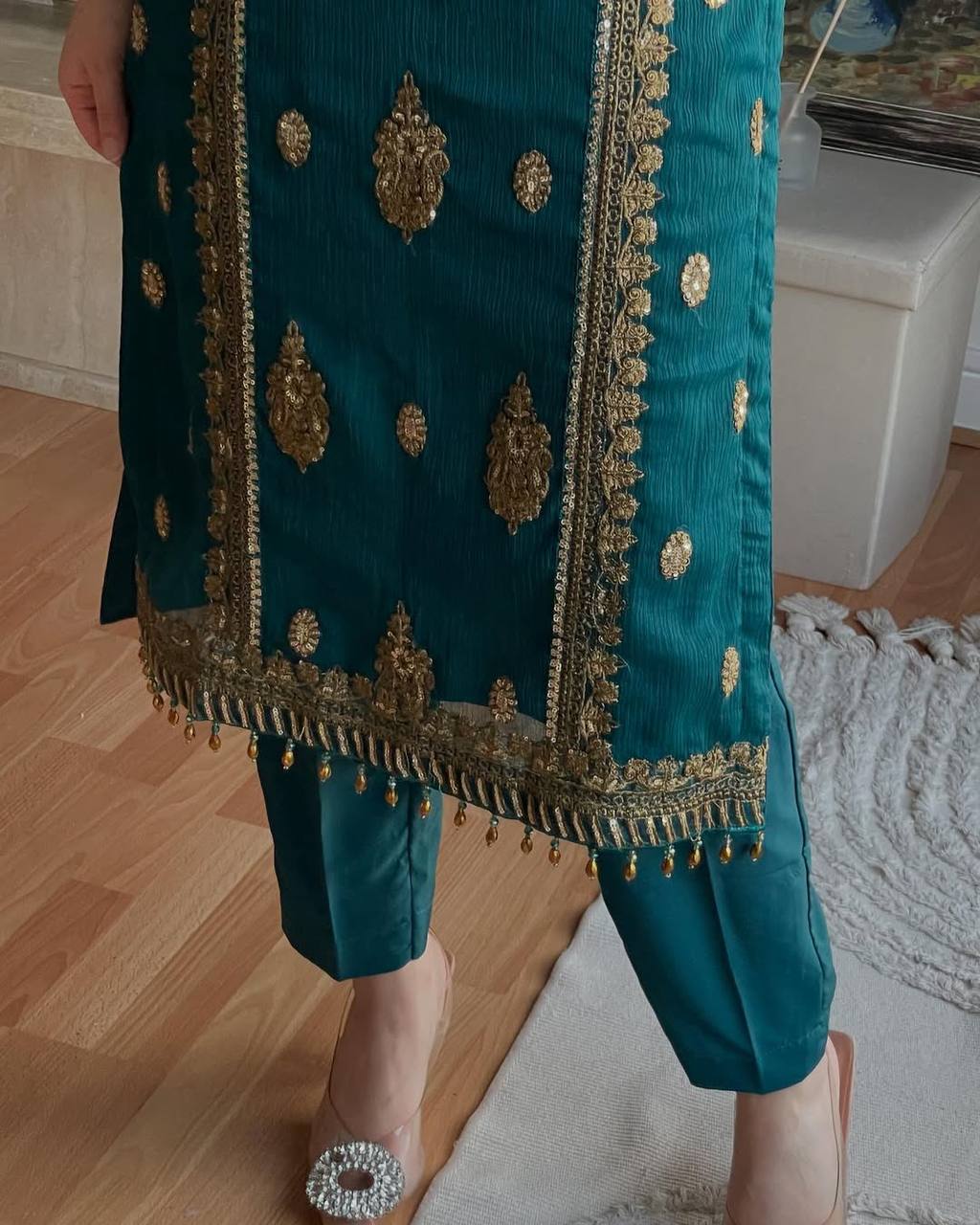 Designer Party Wear Pure Chinnon Silk Kurti Pant Set with Dupatta – Heavy Embroidery Sequence Work