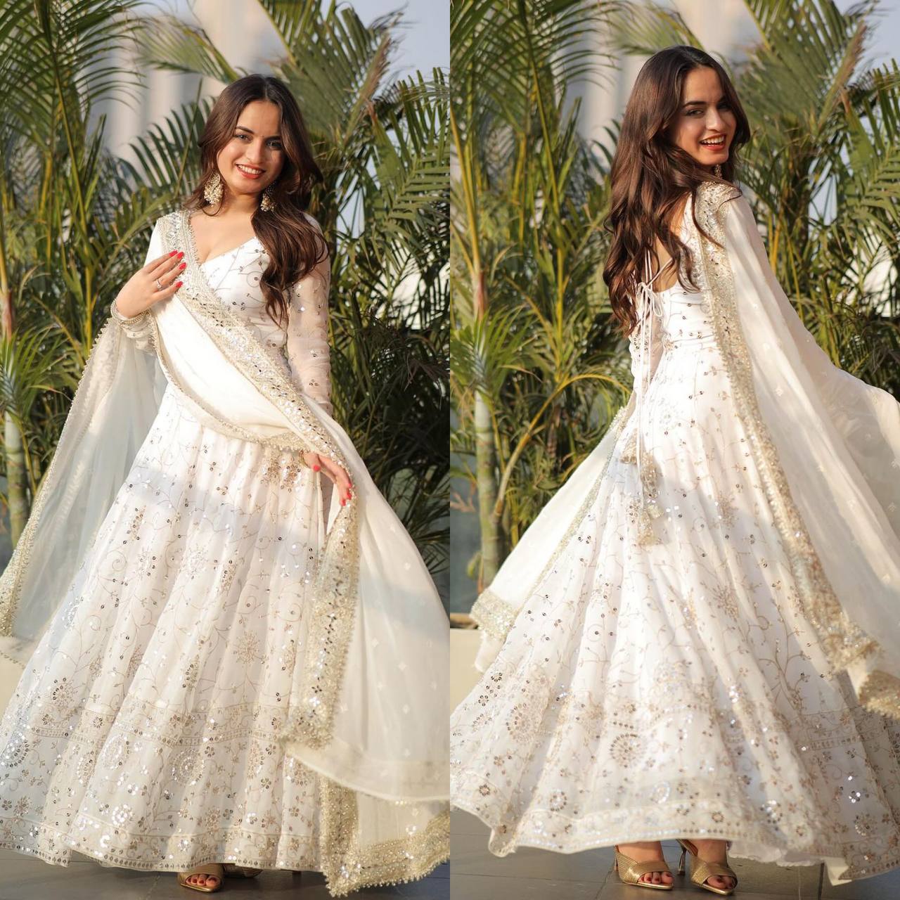 Premium White Heavy Faux Georgette Embroidery Sequence Anarkali Gown With Dupatta & Churidar – Fully Stitched
