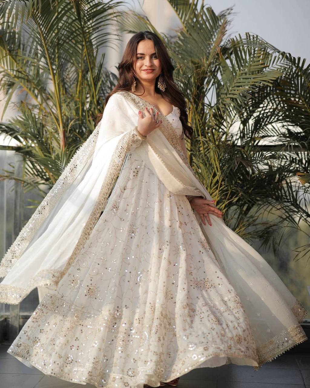 Premium White Heavy Faux Georgette Embroidery Sequence Anarkali Gown With Dupatta & Churidar – Fully Stitched