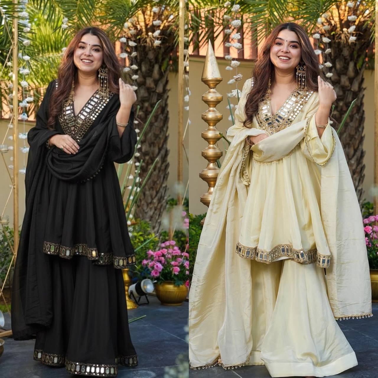 Designer Cosmos Top Plazzo Set with Real Mirror Work Dupatta