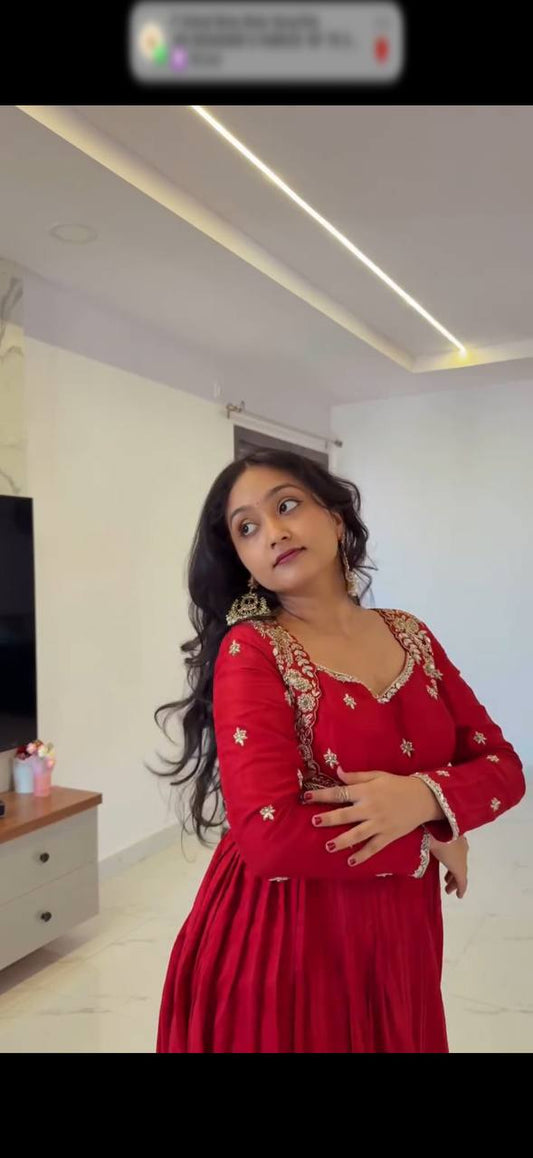 Premium Chinon Silk Anarkali Top with Pant & Dupatta – Mirror & Sequence Work Set