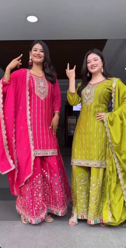 Designer Heavy Chinnon Silk Embroidered Palazzo Suit with Dupatta – Party Wear Set