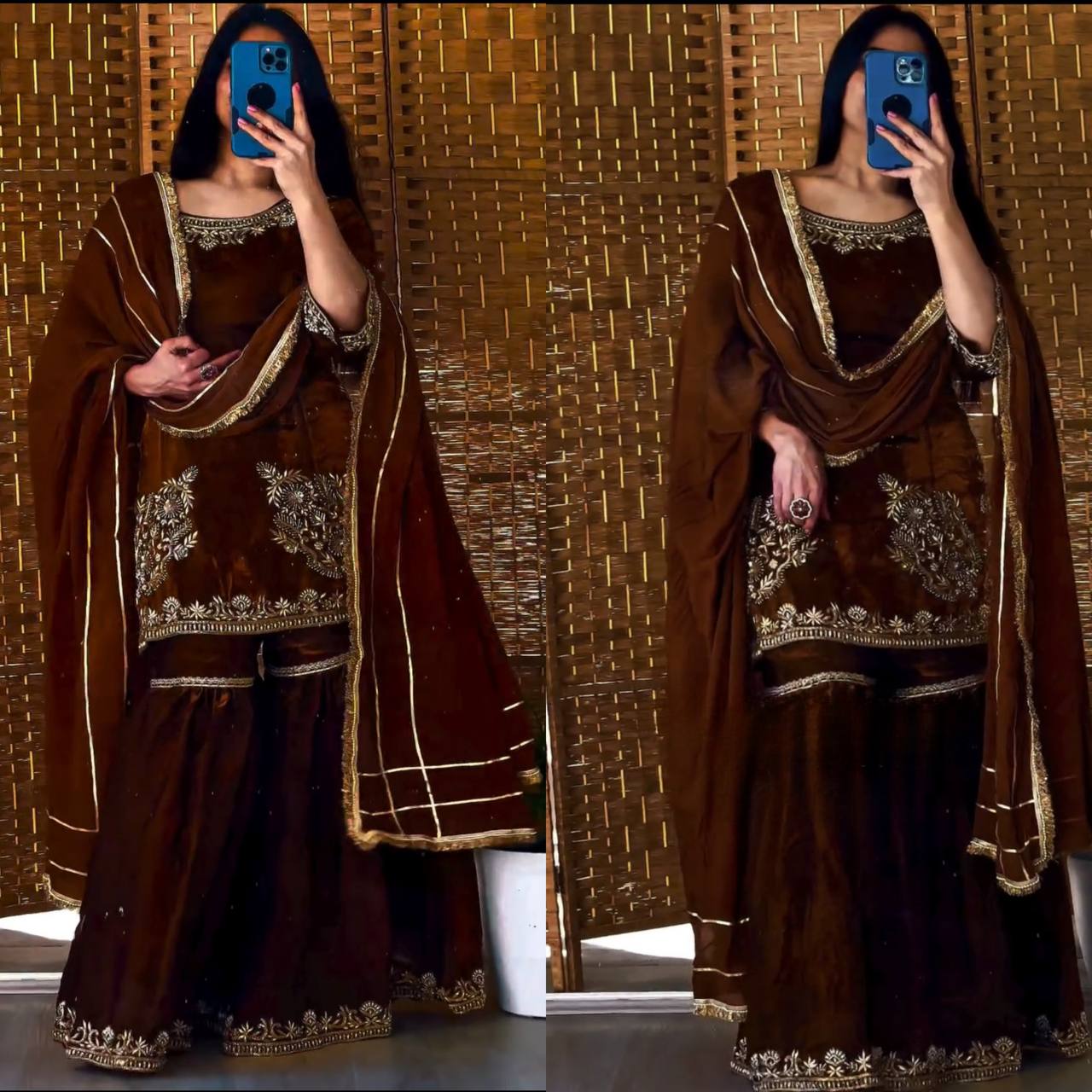 Designer Natural Crepe Embroidered Sharara Suit with Dupatta | Party Wear Set