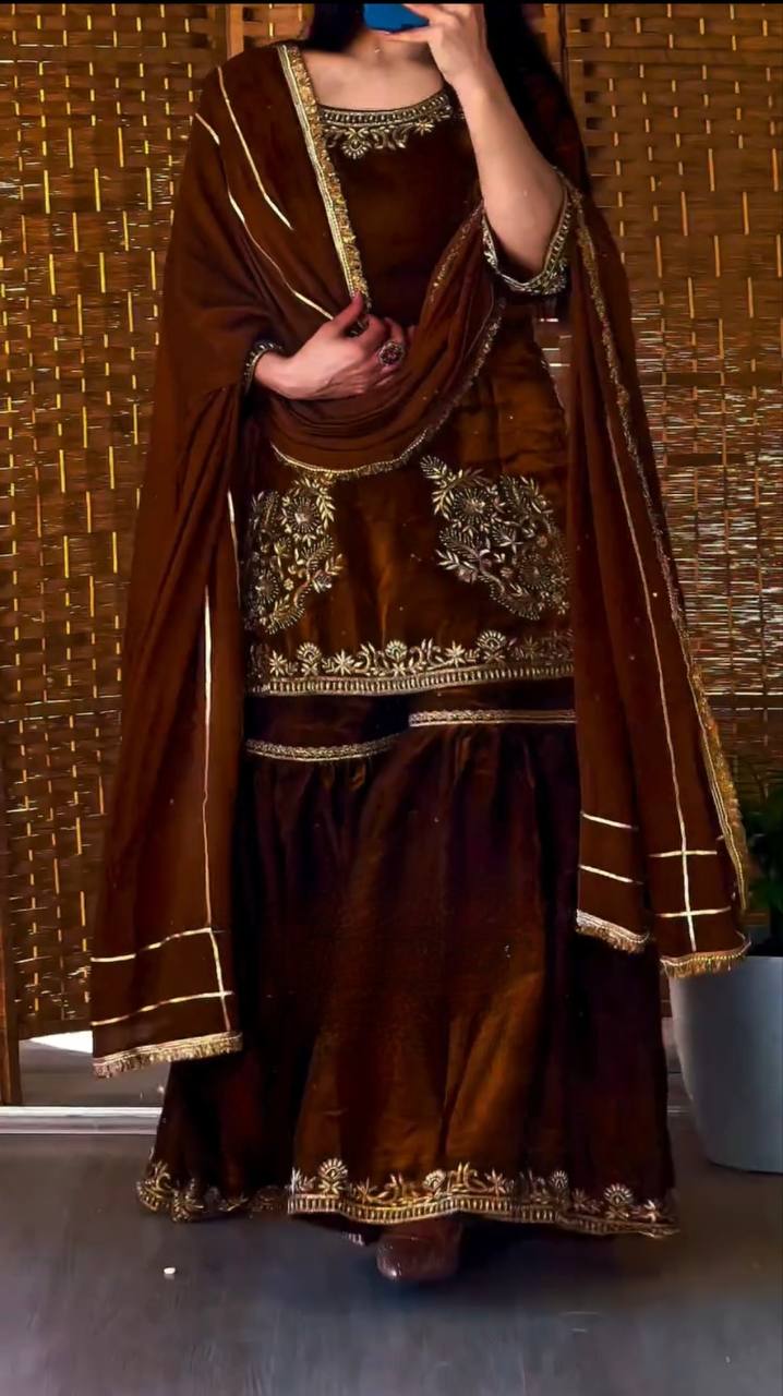 Designer Natural Crepe Embroidered Sharara Suit with Dupatta | Party Wear Set