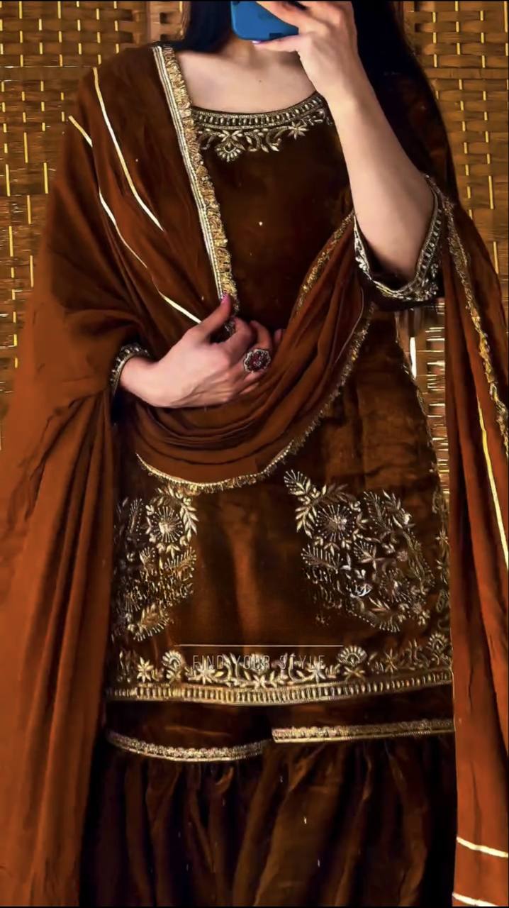 Designer Natural Crepe Embroidered Sharara Suit with Dupatta | Party Wear Set