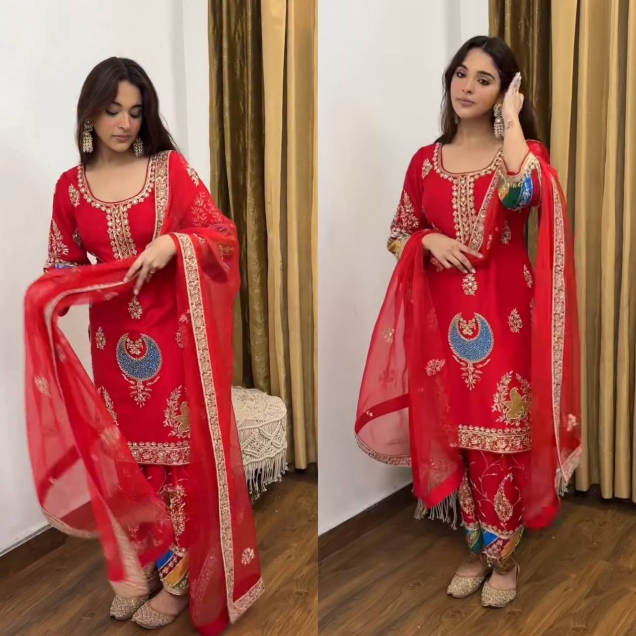 Premium Heavy Crep Silk Embroidered Suit Set with Pant & Net Dupatta | Party Wear