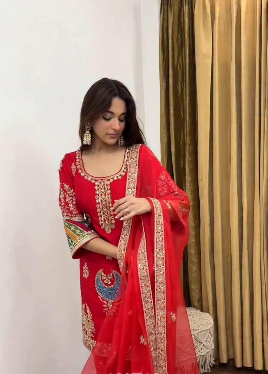 Premium Heavy Crep Silk Embroidered Suit Set with Pant & Net Dupatta | Party Wear