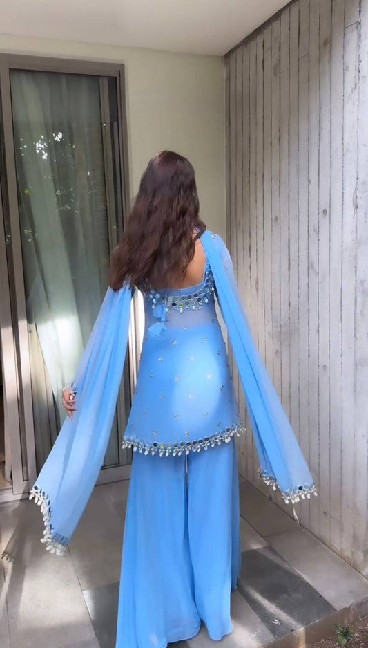 Premium Faux Georgette Top Palazzo Set with Mirror Work & Dupatta