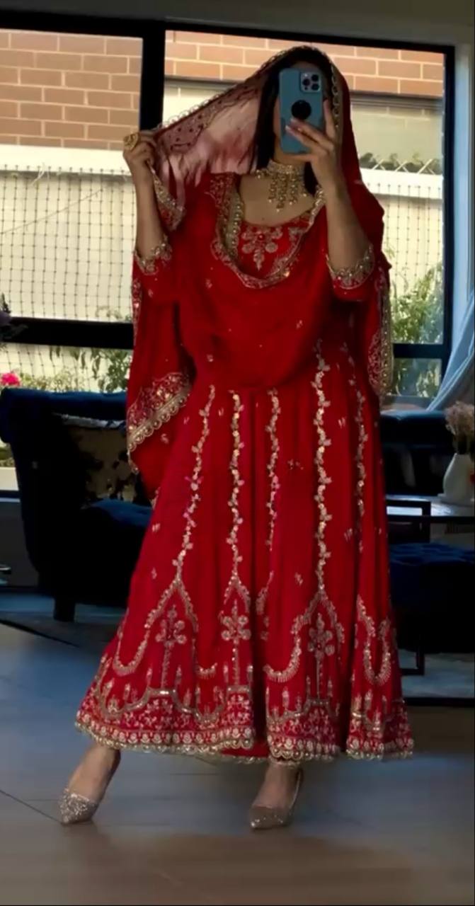 Designer Heavy Natural Crepe Embroidered Anarkali Suit with Dupatta | Party Wear Set