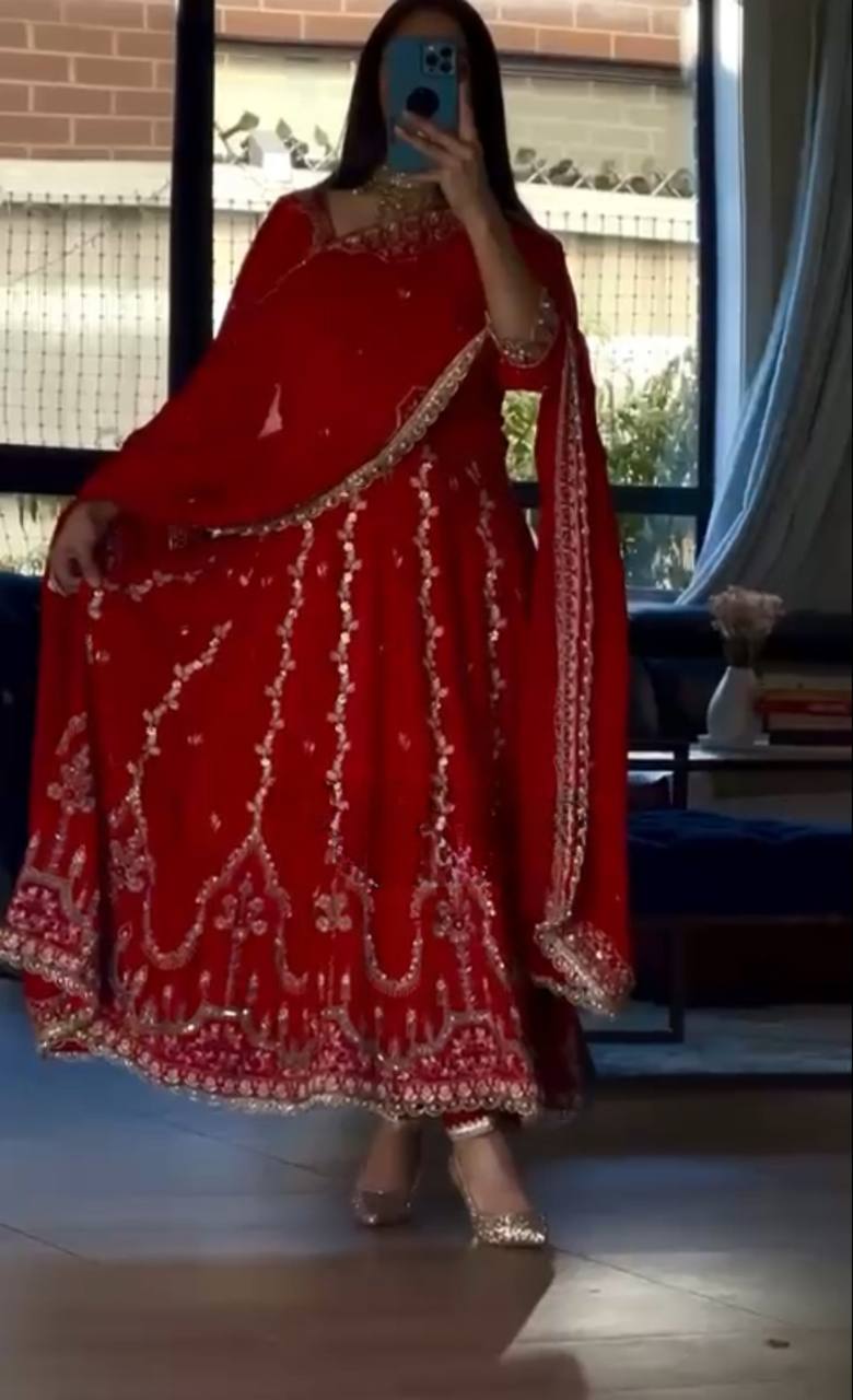 Designer Heavy Natural Crepe Embroidered Anarkali Suit with Dupatta | Party Wear Set