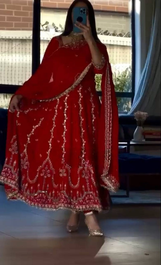 Designer Heavy Natural Crepe Embroidered Anarkali Suit with Dupatta | Party Wear Set