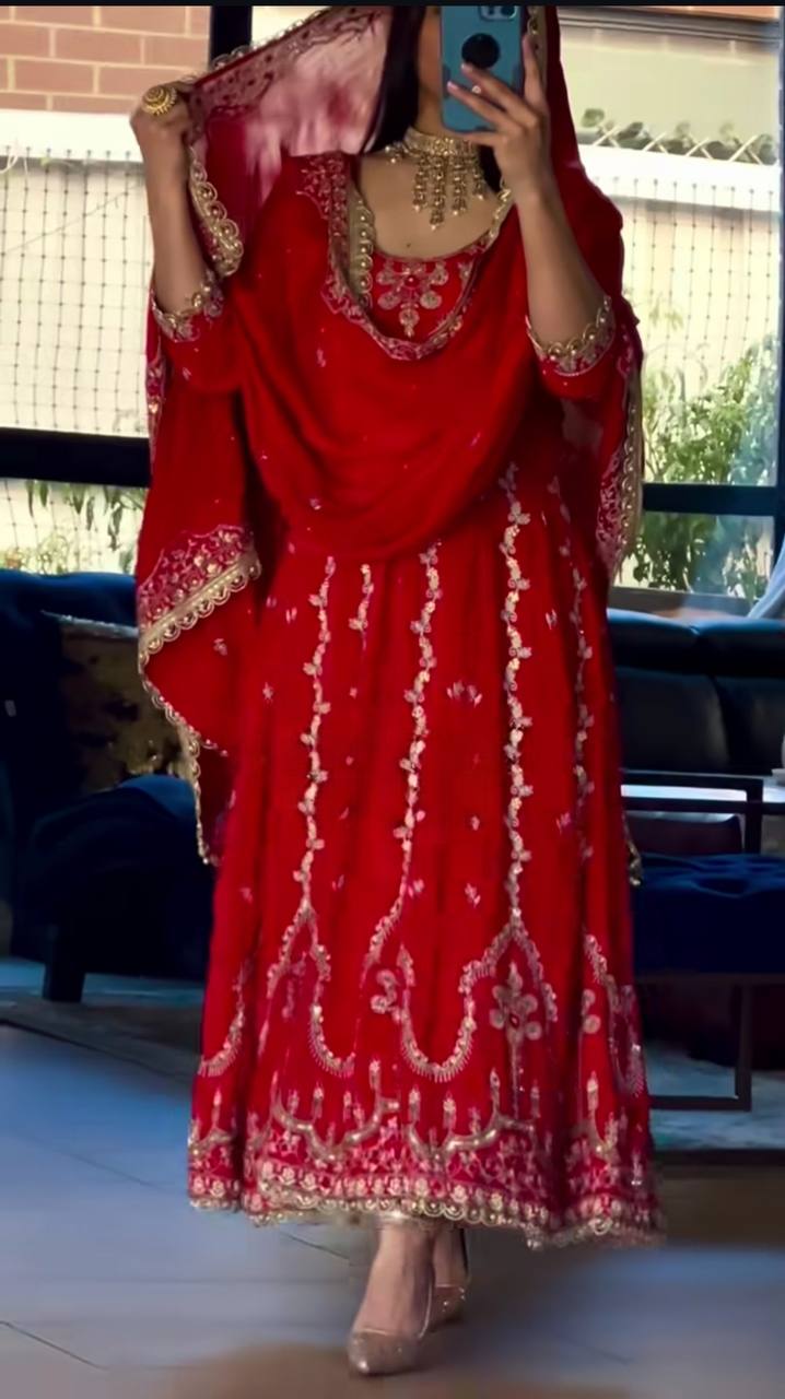 Designer Heavy Natural Crepe Embroidered Anarkali Suit with Dupatta | Party Wear Set