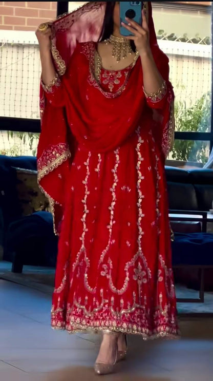 Designer Heavy Natural Crepe Embroidered Anarkali Suit with Dupatta | Party Wear Set