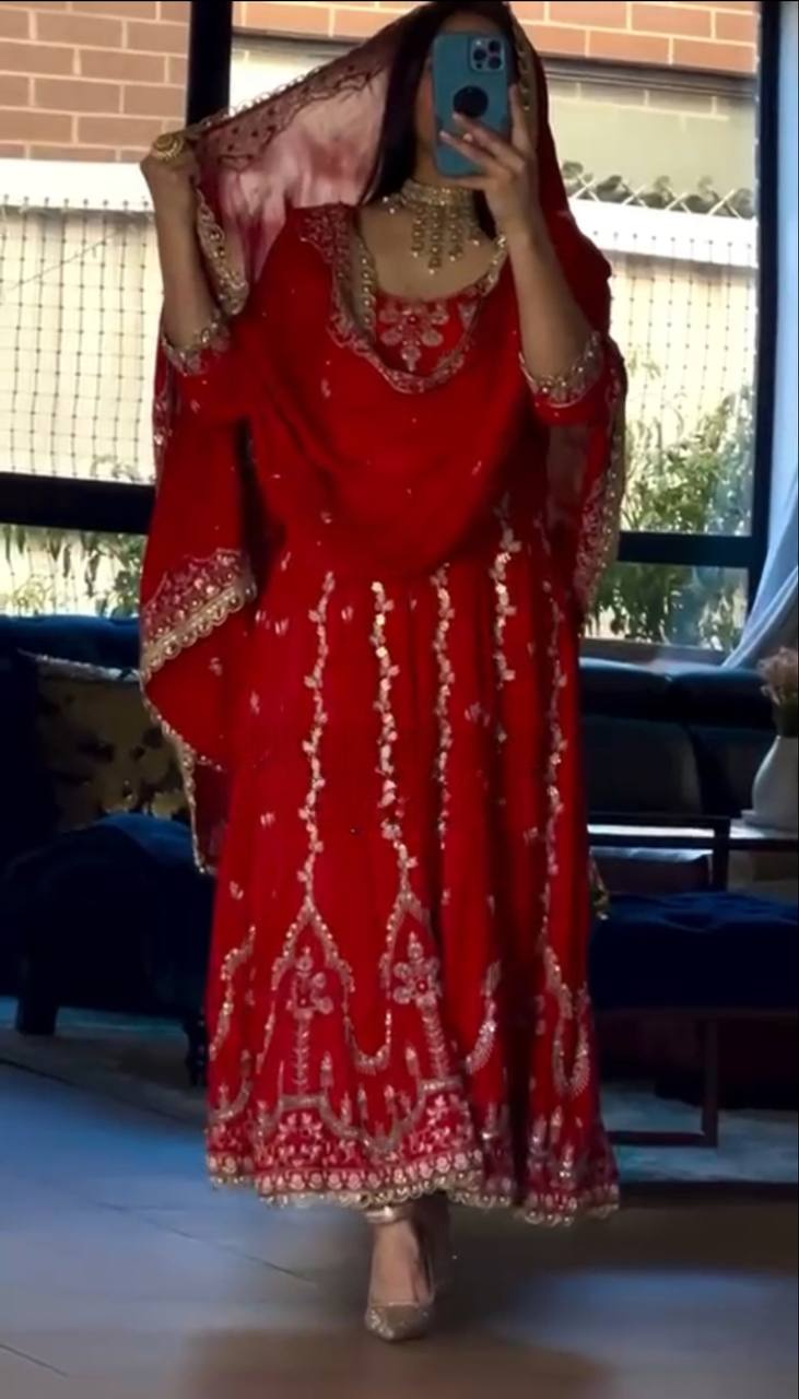 Designer Heavy Natural Crepe Embroidered Anarkali Suit with Dupatta | Party Wear Set