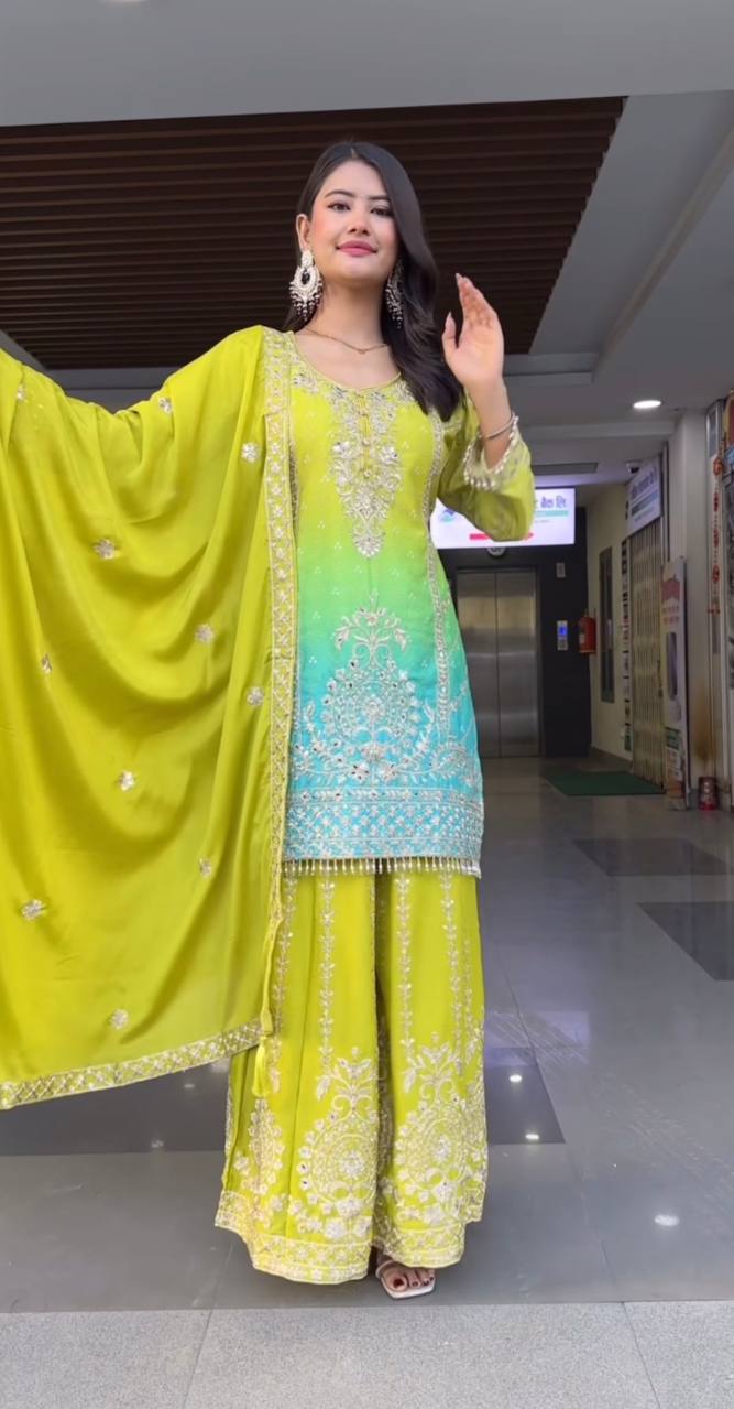 Premium Heavy Chinnon Silk Embroidery Coding Sequence Work Plazzo Set (Fully Stitched & Ready to Wear)