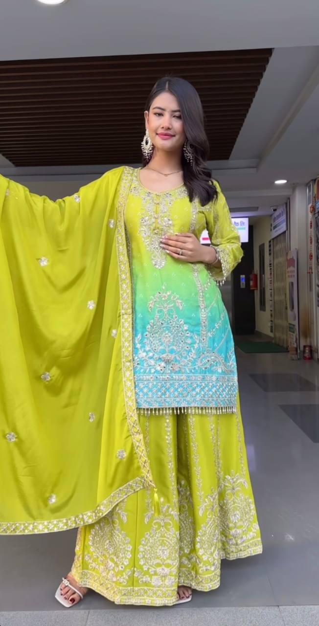 Premium Heavy Chinnon Silk Embroidery Coding Sequence Work Plazzo Set (Fully Stitched & Ready to Wear)