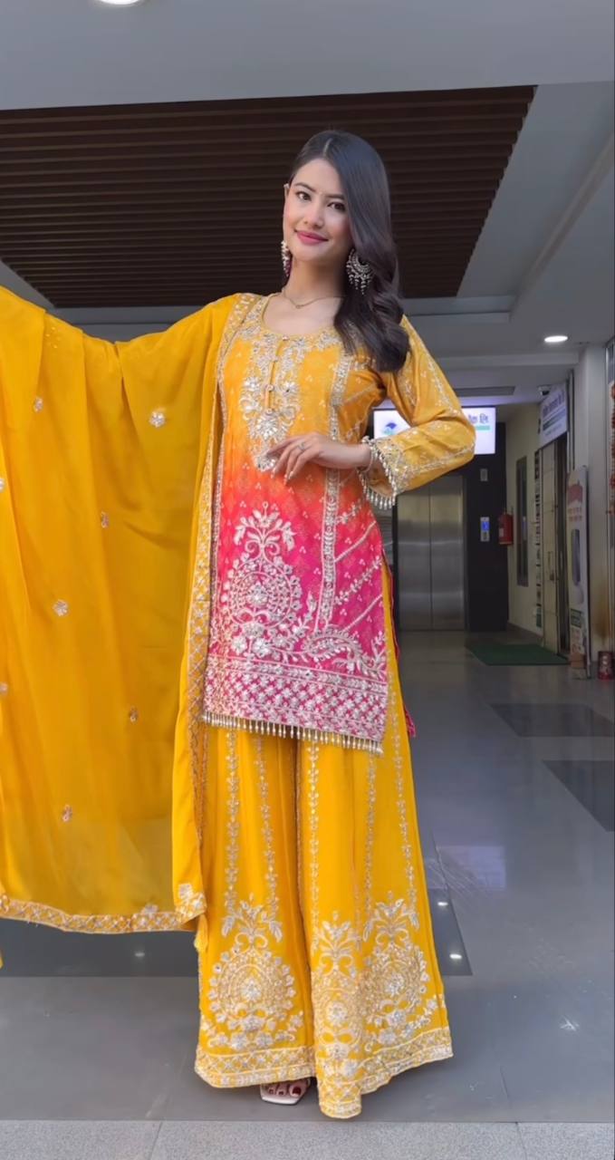 Premium Heavy Chinnon Silk Embroidery Coding Sequence Work Plazzo Set (Fully Stitched & Ready to Wear)