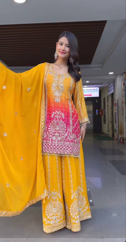 Premium Heavy Chinnon Silk Embroidery Coding Sequence Work Plazzo Set (Fully Stitched & Ready to Wear)