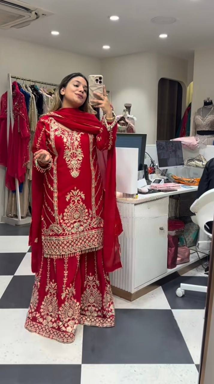 Premium Heavy Chinnon Silk Embroidery Coding Sequence Work Plazzo Set (Fully Stitched & Ready to Wear)