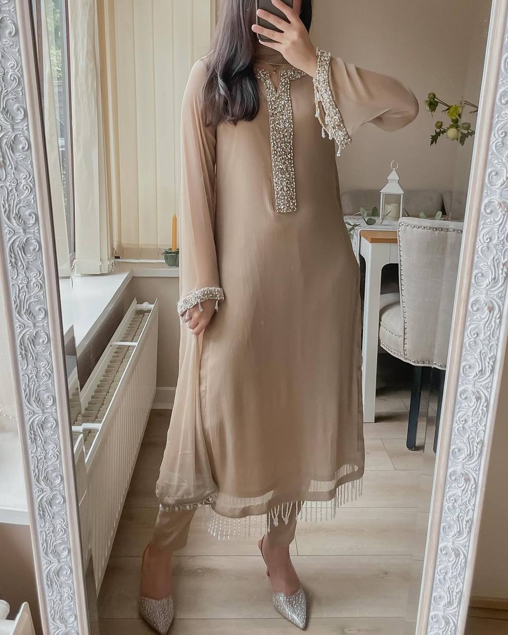 Designer Faux Georgette Kurti Top with Pant & Dupatta – Real Moti Hand Work Set