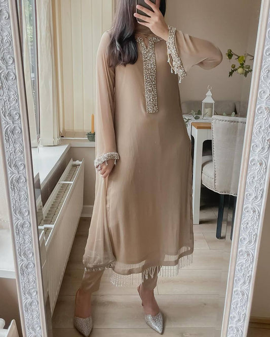 Designer Faux Georgette Kurti Top with Pant & Dupatta – Real Moti Hand Work Set