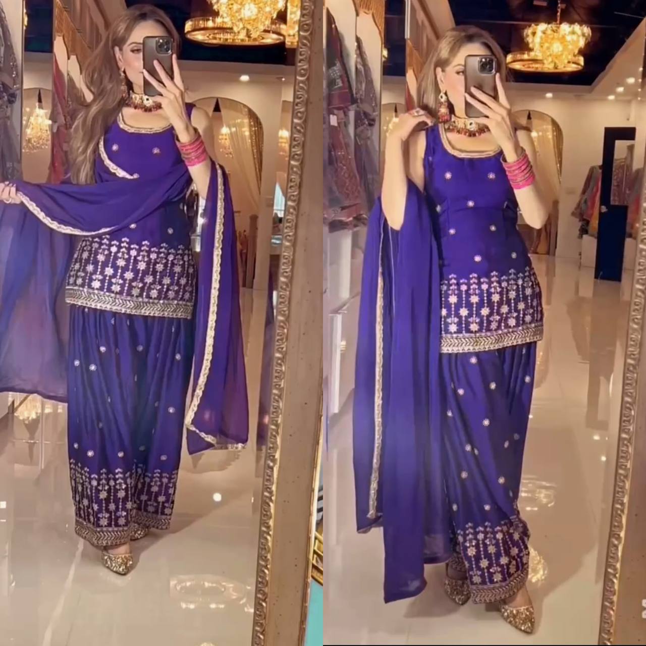 Designer Chinnon Silk Embroidered Dhoti Salwar Suit with Dupatta | Party Wear Set