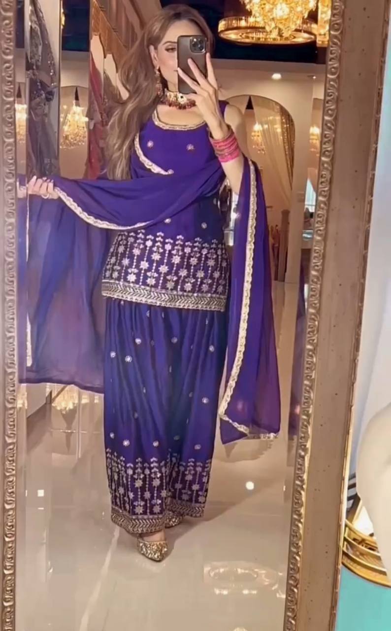 Designer Chinnon Silk Embroidered Dhoti Salwar Suit with Dupatta | Party Wear Set