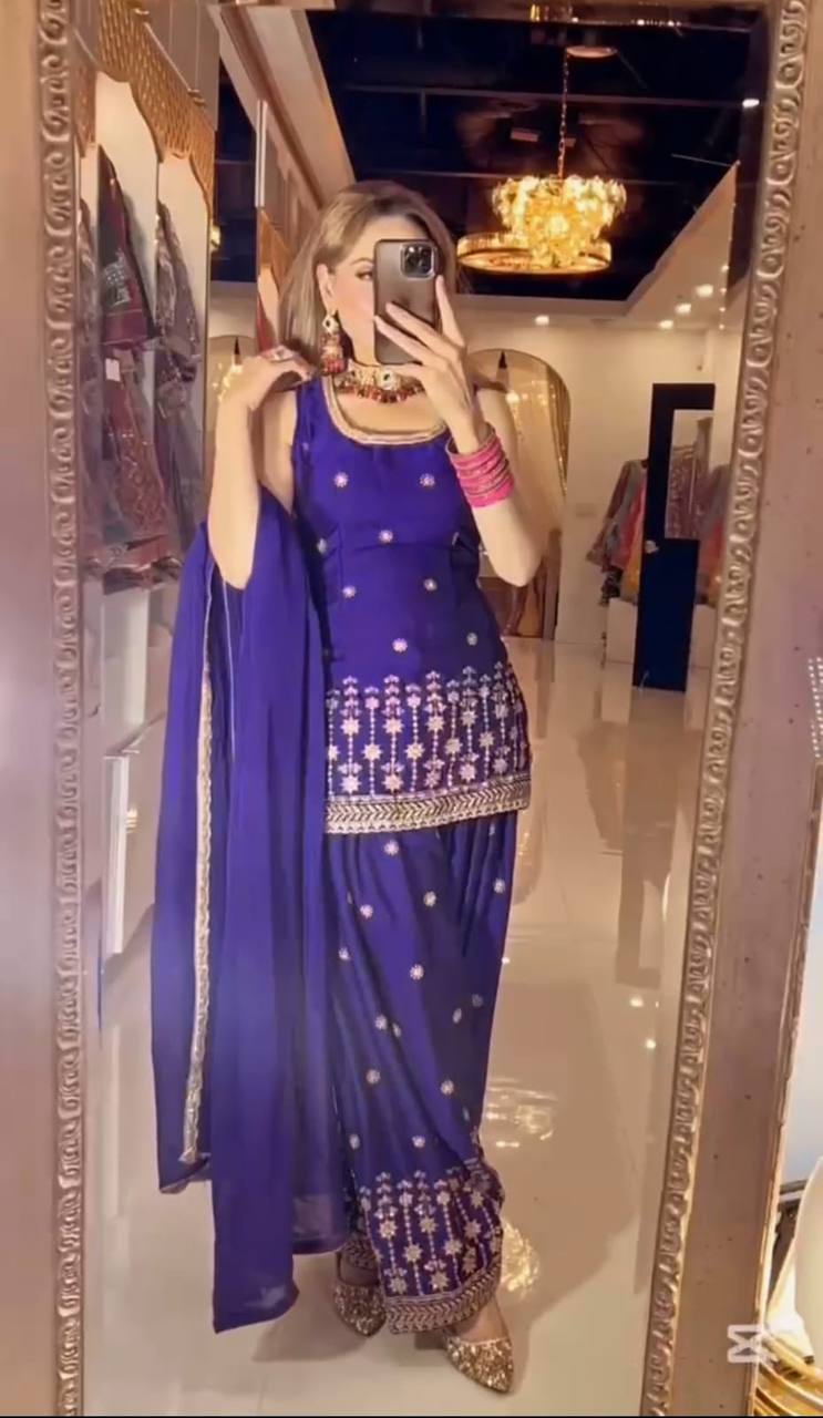 Designer Chinnon Silk Embroidered Dhoti Salwar Suit with Dupatta | Party Wear Set