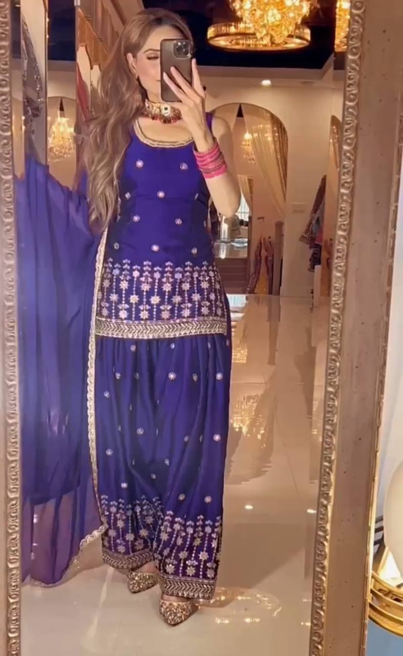 Designer Chinnon Silk Embroidered Dhoti Salwar Suit with Dupatta | Party Wear Set