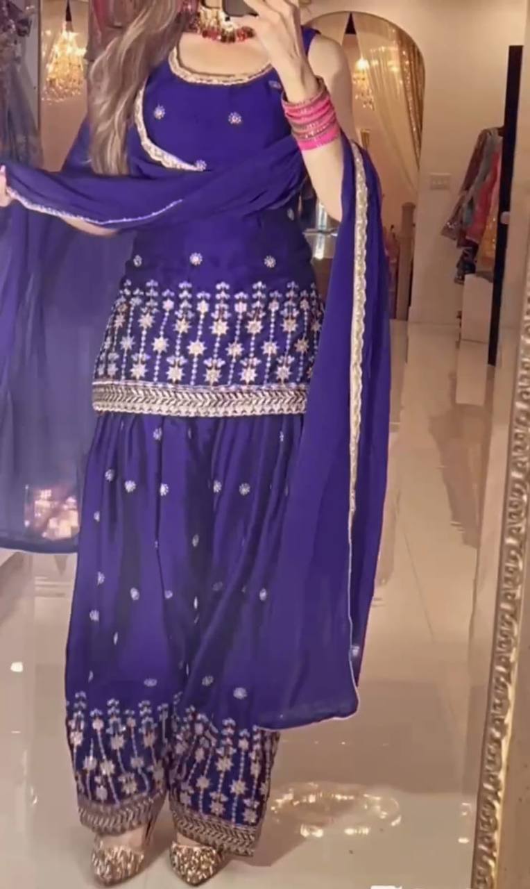 Designer Chinnon Silk Embroidered Dhoti Salwar Suit with Dupatta | Party Wear Set