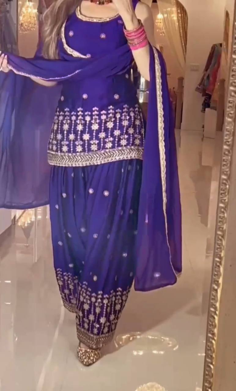 Designer Chinnon Silk Embroidered Dhoti Salwar Suit with Dupatta | Party Wear Set