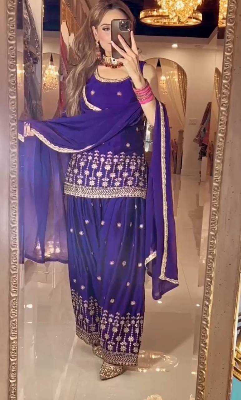 Designer Chinnon Silk Embroidered Dhoti Salwar Suit with Dupatta | Party Wear Set