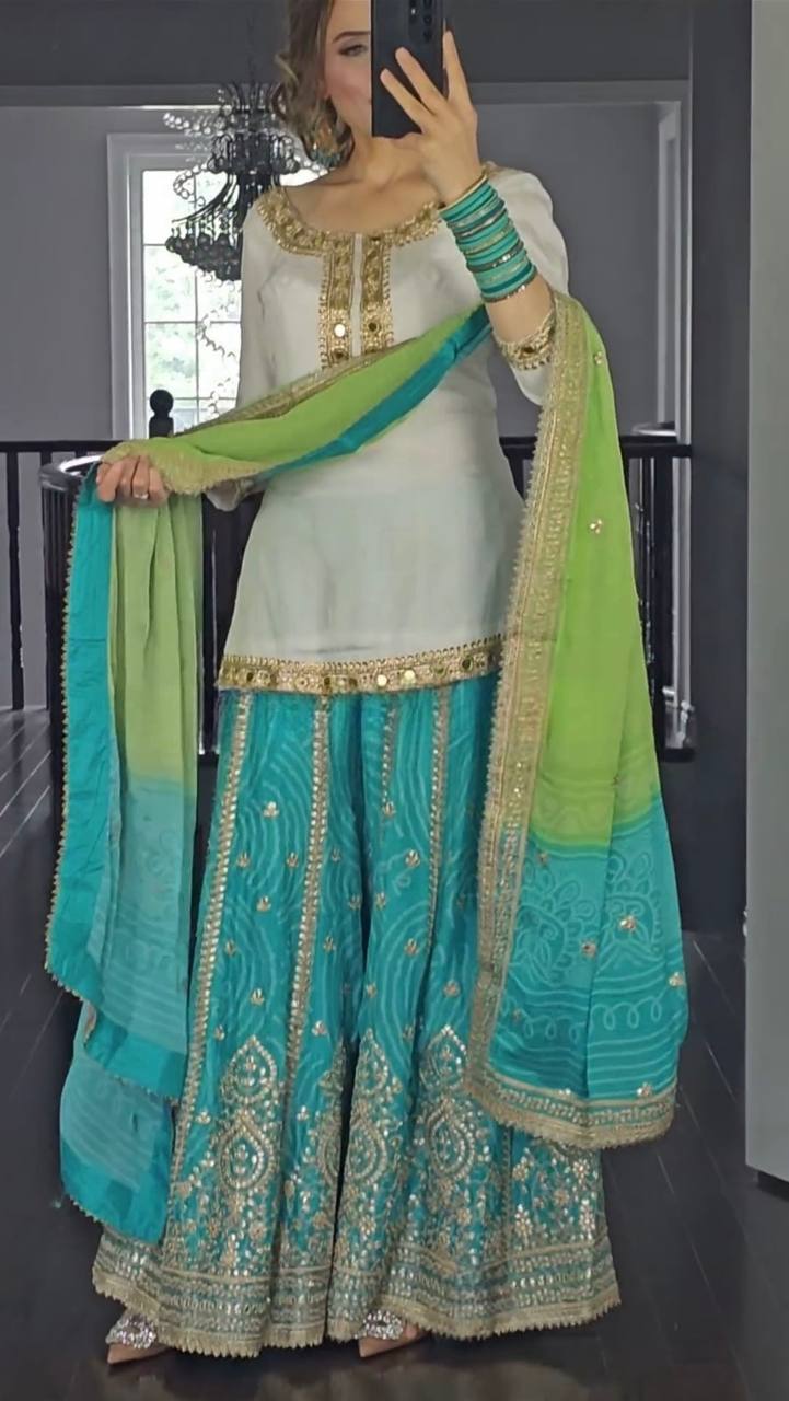 Designer Malay Silk Top Sharara Suit with Heavy Embroidery & Dupatta – Summer Special