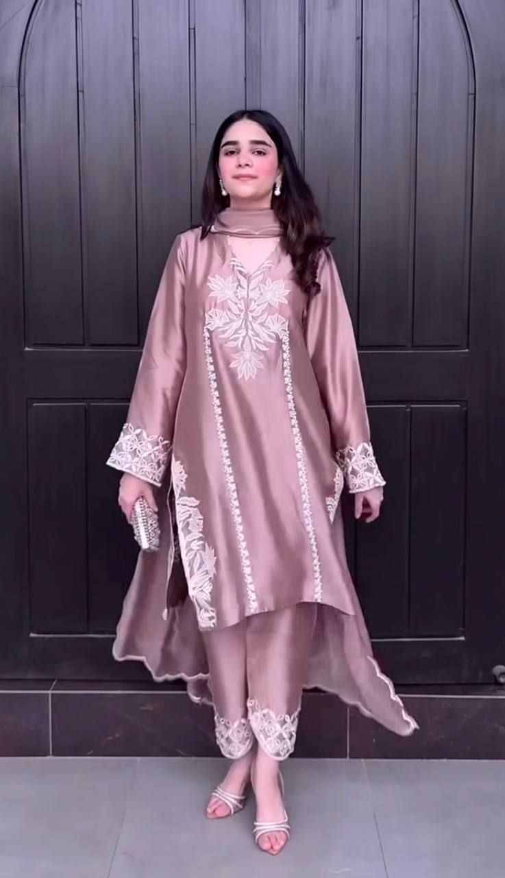 Designer Dusty Rose Satin Silk Kurta Set with Embroidery – Party Wear