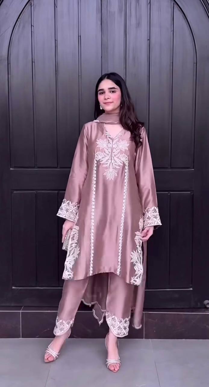 “Designer satin silk kurta with matching embroidered pants – party wear”
